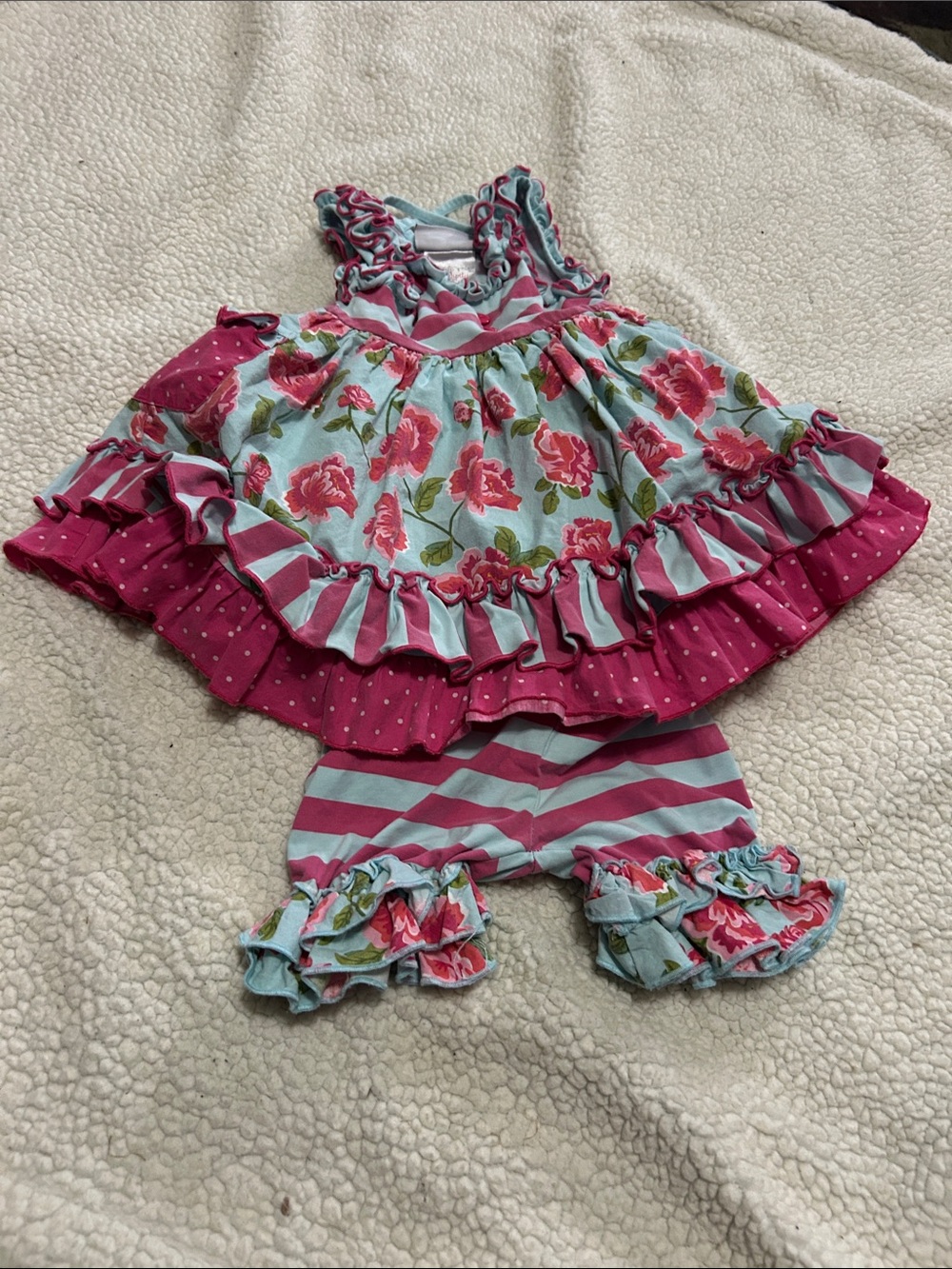 Floral & Striped Ruffle Baby Dress Set in Pink and Aqua